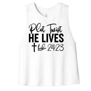 Plot Twist He Lives Luke 24:23 Women's Racerback Cropped Tank