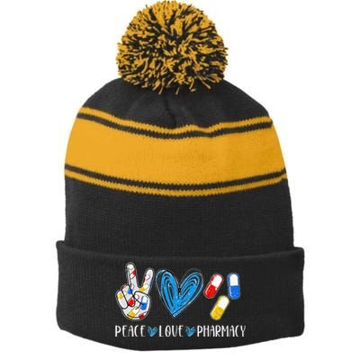 Peace Love Pharmacy Funny Pharmacy Tech Pharmacist Stripe Pom Pom Beanie