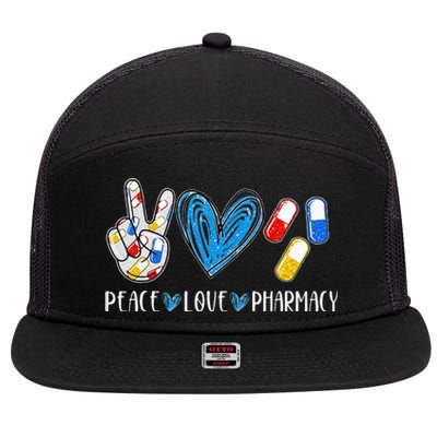 Peace Love Pharmacy Funny Pharmacy Tech Pharmacist 7 Panel Mesh Trucker Snapback Hat