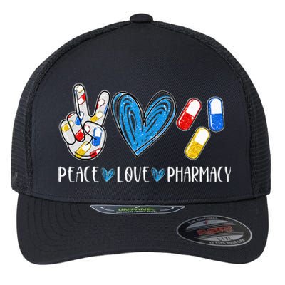 Peace Love Pharmacy Funny Pharmacy Tech Pharmacist Flexfit Unipanel Trucker Cap