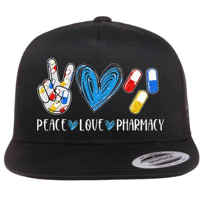 Peace Love Pharmacy Funny Pharmacy Tech Pharmacist Flat Bill Trucker Hat