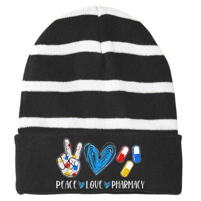 Peace Love Pharmacy Funny Pharmacy Tech Pharmacist Striped Beanie with Solid Band