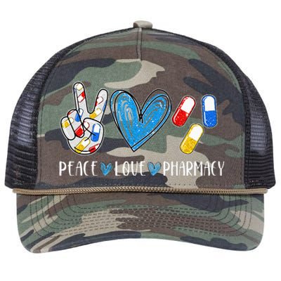 Peace Love Pharmacy Funny Pharmacy Tech Pharmacist Retro Rope Trucker Hat Cap