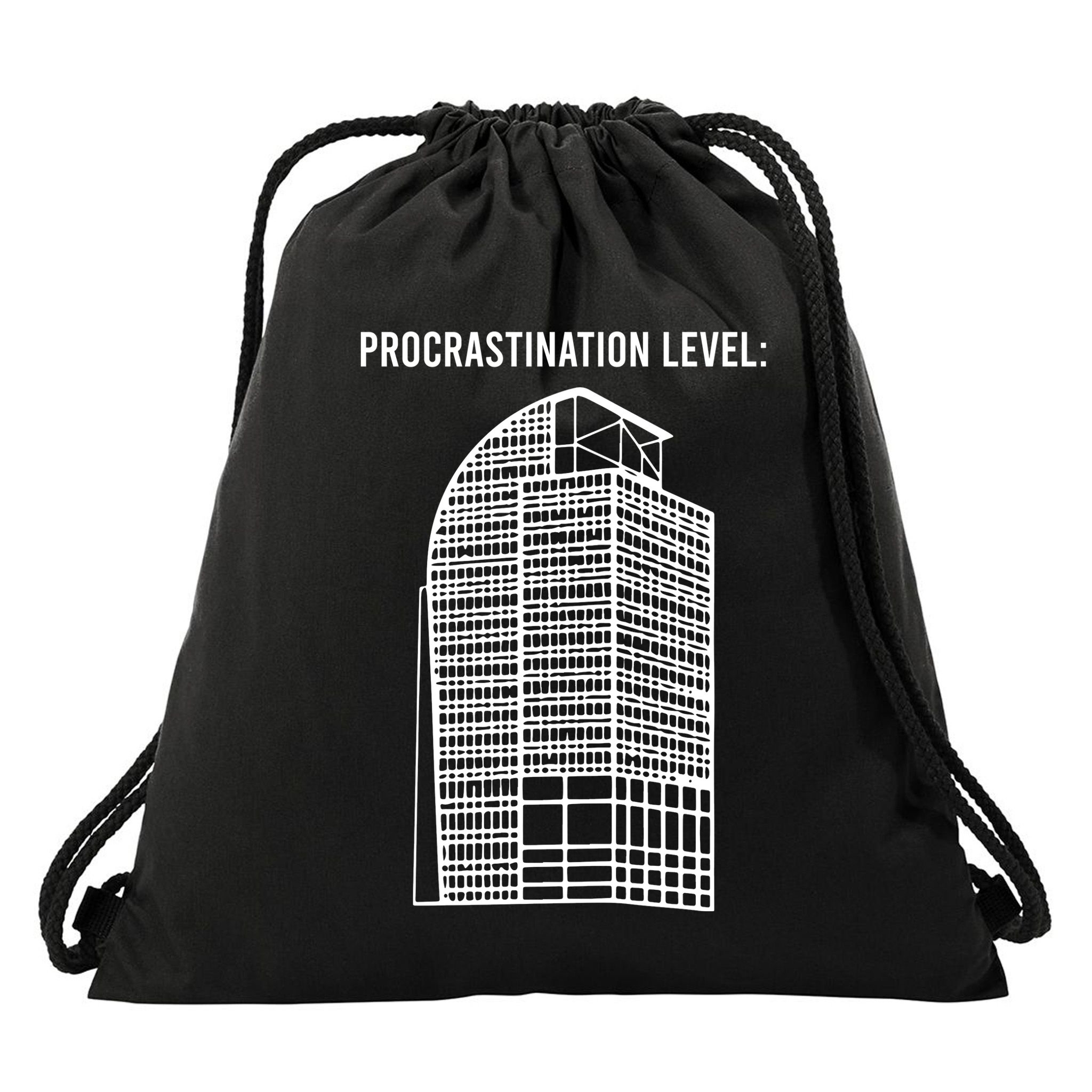 Procrastination Level Drawstring Bag