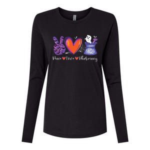 Peace Love Pharmacy Pharmacist Pumpkin Spooky Halloween Womens Cotton Relaxed Long Sleeve T-Shirt