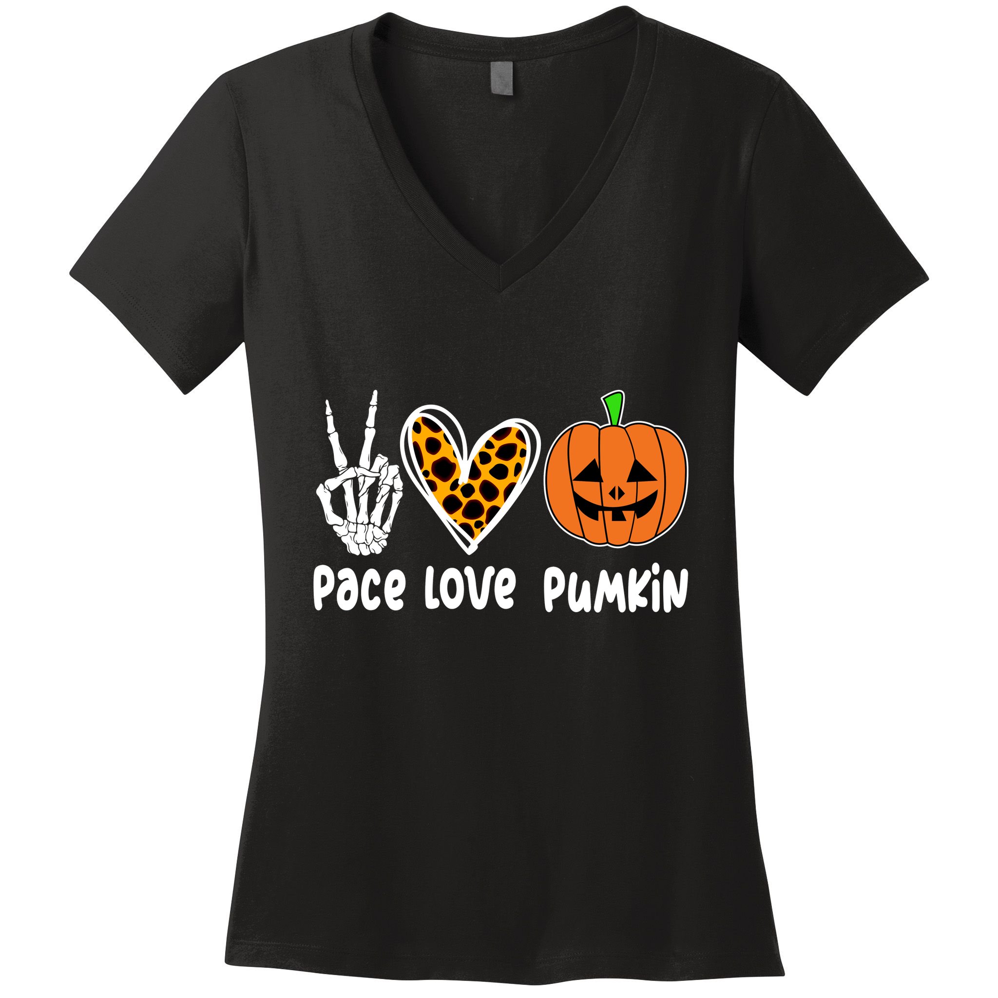 Pace Love Pumkin Halloween Love Heart Skeleton Peace Pumpkins Women's V-Neck T-Shirt