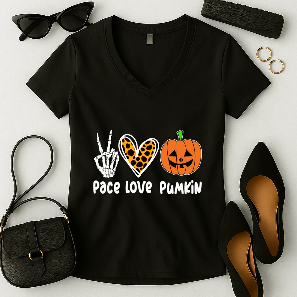 Pace Love Pumkin Halloween Love Heart Skeleton Peace Pumpkins Women's V-Neck T-Shirt
