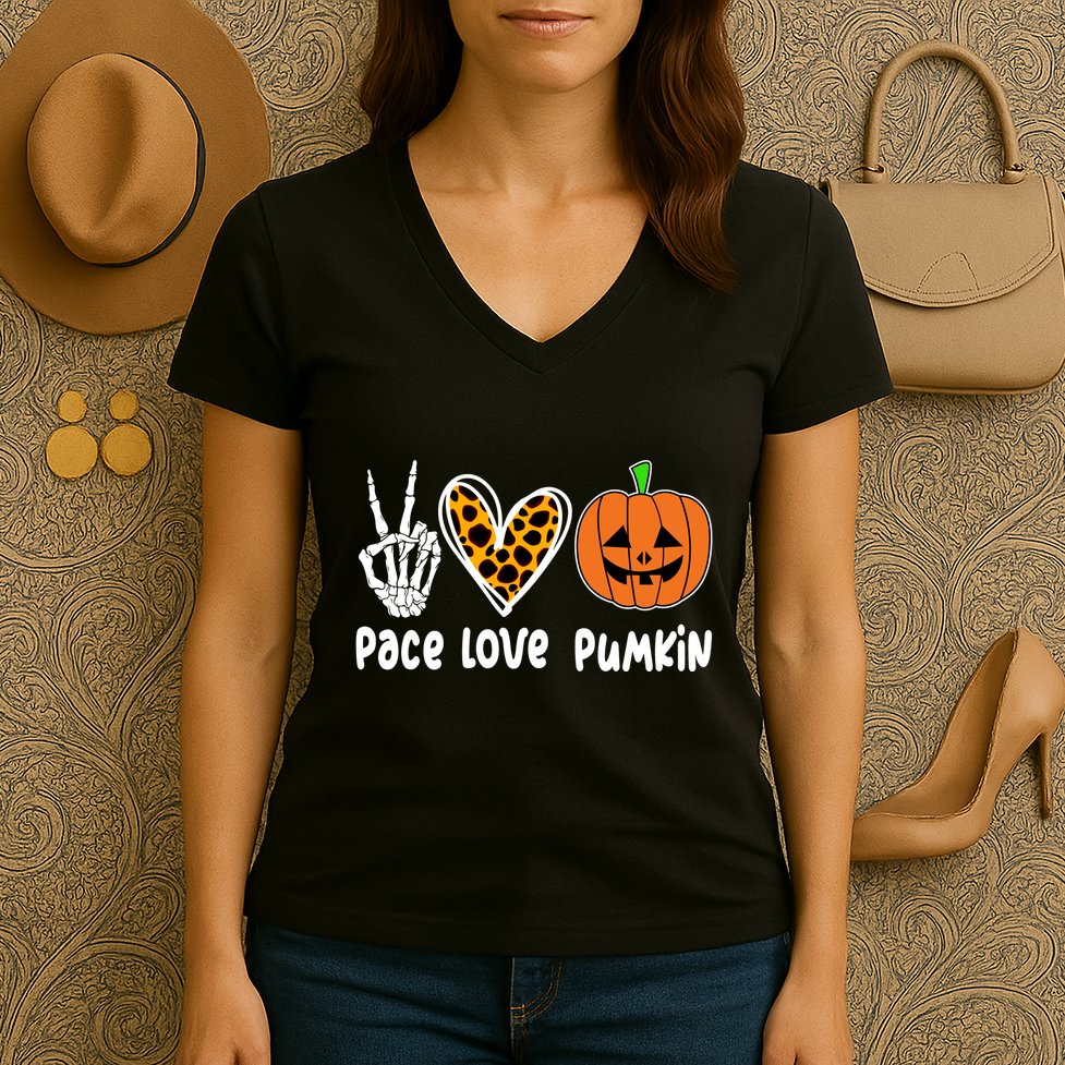 Pace Love Pumkin Halloween Love Heart Skeleton Peace Pumpkins Women's V-Neck T-Shirt