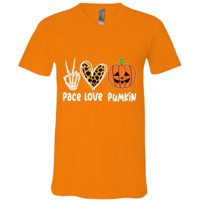 Pace Love Pumkin Halloween Love Heart Skeleton Peace Pumpkins V-Neck T-Shirt
