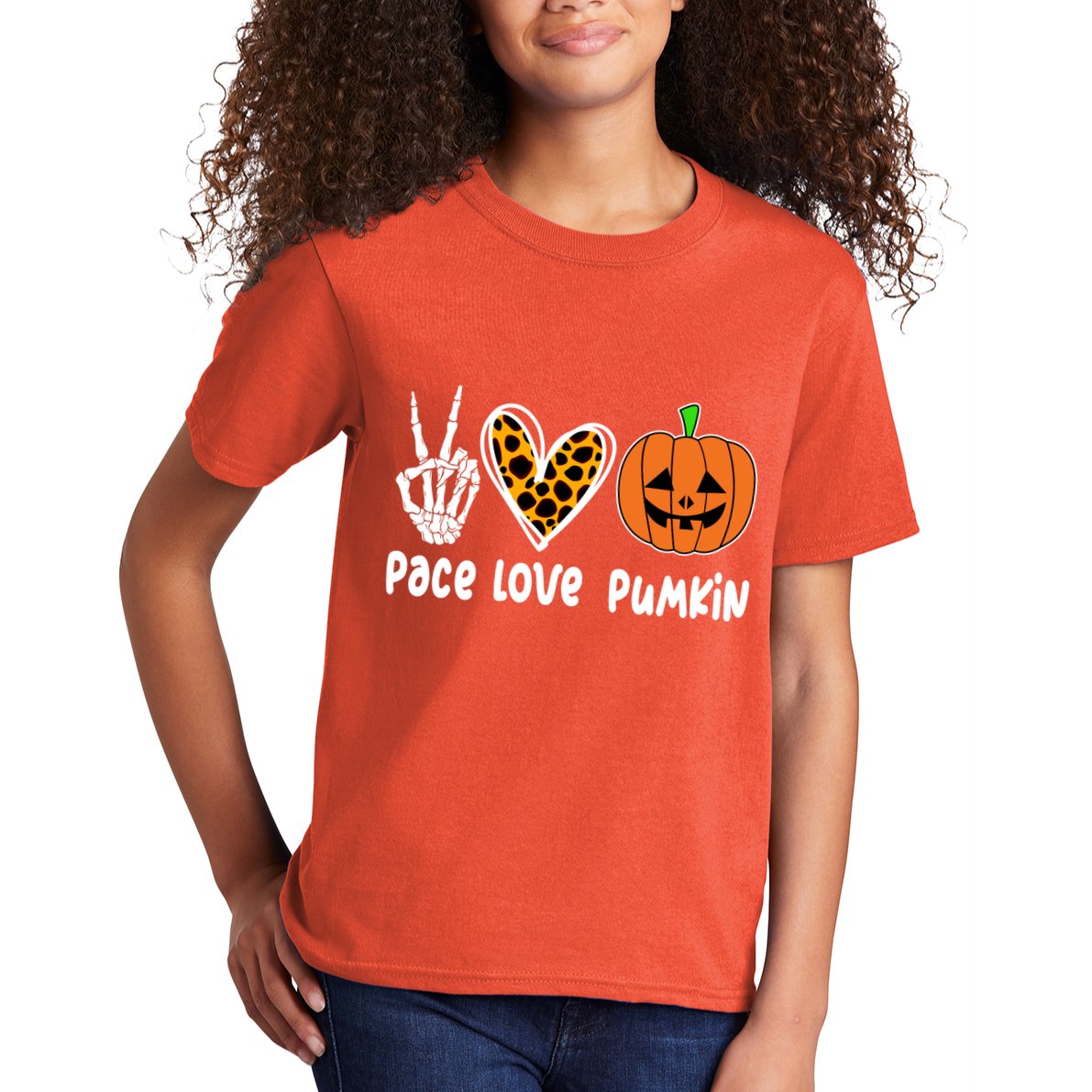 Pace Love Pumkin Halloween Love Heart Skeleton Peace Pumpkins Kids T-Shirt