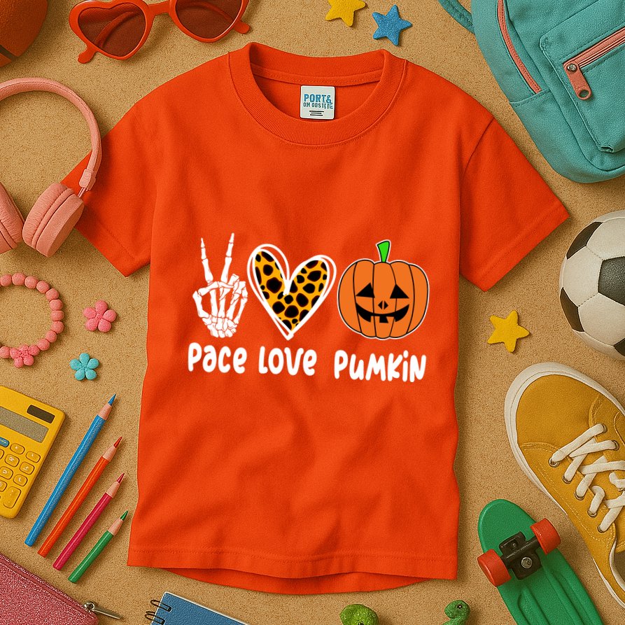 Pace Love Pumkin Halloween Love Heart Skeleton Peace Pumpkins Kids T-Shirt