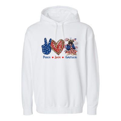 Peace Love Pug Dog Patriotic America Flag 4th July Cool Gift Garment-Dyed Fleece Hoodie