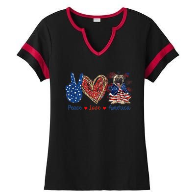 Peace Love Pug Dog Patriotic America Flag 4th July Gift Ladies Halftime Notch Neck Tee