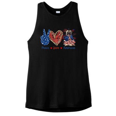 Peace Love Pug Dog Patriotic America Flag 4th July Gift Ladies PosiCharge Tri-Blend Wicking Tank