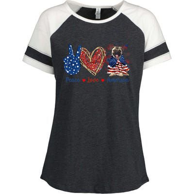 Peace Love Pug Dog Patriotic America Flag 4th July Gift Enza Ladies Jersey Colorblock Tee