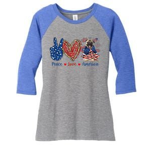 Peace Love Pug Dog Patriotic America Flag 4th July Gift Women's Tri-Blend 3/4-Sleeve Raglan Shirt