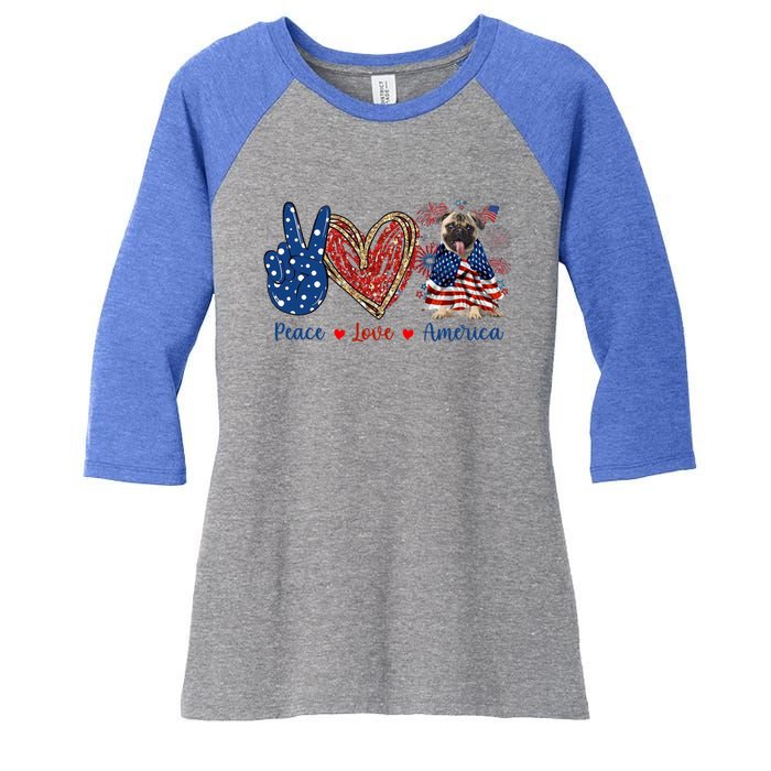 Peace Love Pug Dog Patriotic America Flag 4th July Gift Women's Tri-Blend 3/4-Sleeve Raglan Shirt