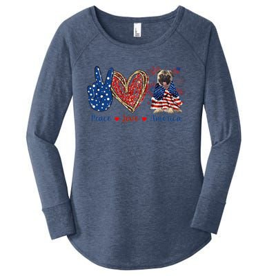 Peace Love Pug Dog Patriotic America Flag 4th July Gift Women's Perfect Tri Tunic Long Sleeve Shirt