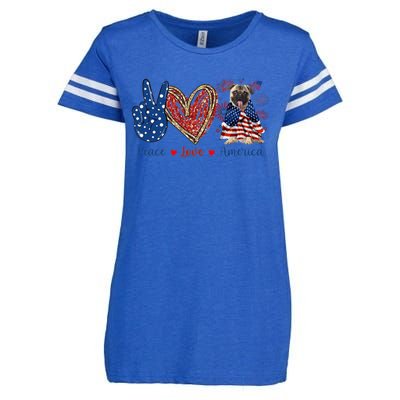 Peace Love Pug Dog Patriotic America Flag 4th July Gift Enza Ladies Jersey Football T-Shirt