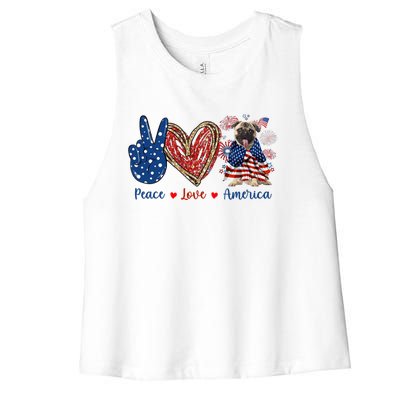 Peace Love Pug Dog Patriotic America Flag 4th July Gift Women's Racerback Cropped Tank