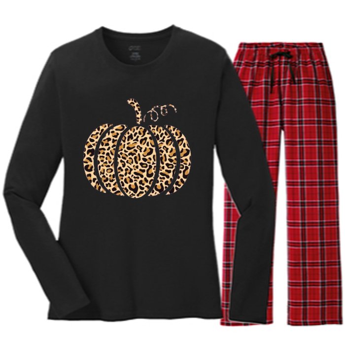 Pumpkin Leopard Print Cheetah Fall Graphic Thanksgiving Women's Long Sleeve Flannel Pajama Set 