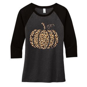 Pumpkin Leopard Print Cheetah Fall Graphic Thanksgiving Women's Tri-Blend 3/4-Sleeve Raglan Shirt