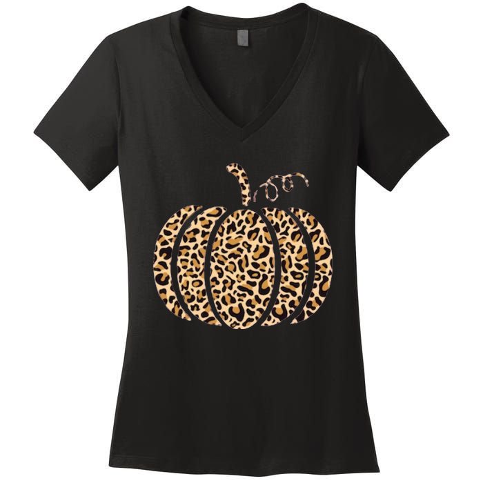 Pumpkin Leopard Print Cheetah Fall Graphic Thanksgiving Women's V-Neck T-Shirt