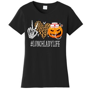 Peace Love Pumpkin Funny Halloween Leopard Lunch Lady Women's T-Shirt