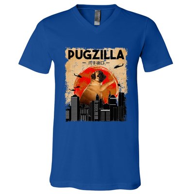 Pug Lover Pugzilla Funny Pug Funny Dog Pug Art Pug  V-Neck T-Shirt