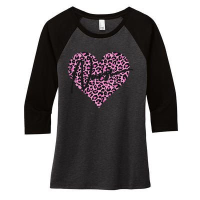 Pink Leopard Print Love Heart Nurse Women's Tri-Blend 3/4-Sleeve Raglan Shirt