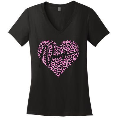 Pink Leopard Print Love Heart Nurse Women's V-Neck T-Shirt