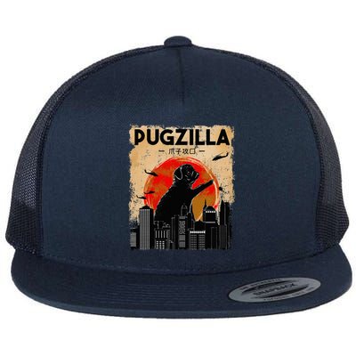 Pug Lover, Pugzilla, Funny Pug, Funny Dog, Pug Art, Pug  Flat Bill Trucker Hat