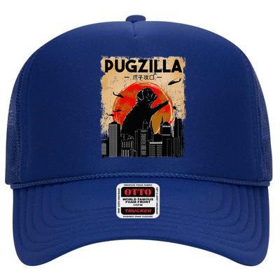 Pug Lover, Pugzilla, Funny Pug, Funny Dog, Pug Art, Pug  High Crown Mesh Back Trucker Hat