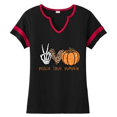 Peace Love Pumpkin Halloween Costume Skeleton Cool Gift Ladies Halftime Notch Neck Tee