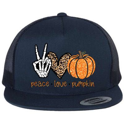 Peace Love Pumpkin Halloween Costume Skeleton Cool Gift Flat Bill Trucker Hat