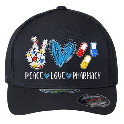 Peace Love Pharmacy Funny Pharmacy Tech Pharmacist Flexfit Unipanel Trucker Cap