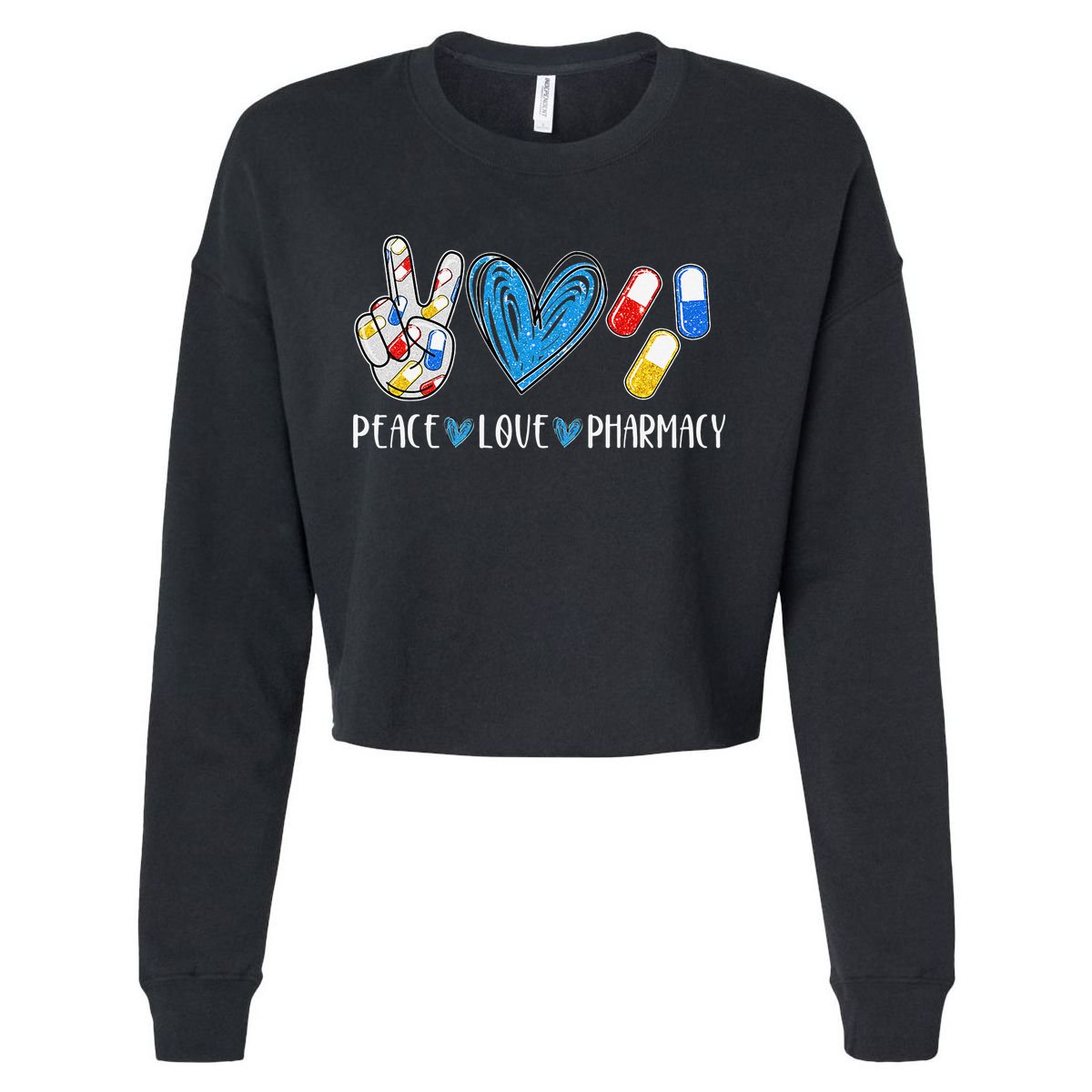 Peace Love Pharmacy Funny Pharmacy Tech Pharmacist Cropped Pullover Crew