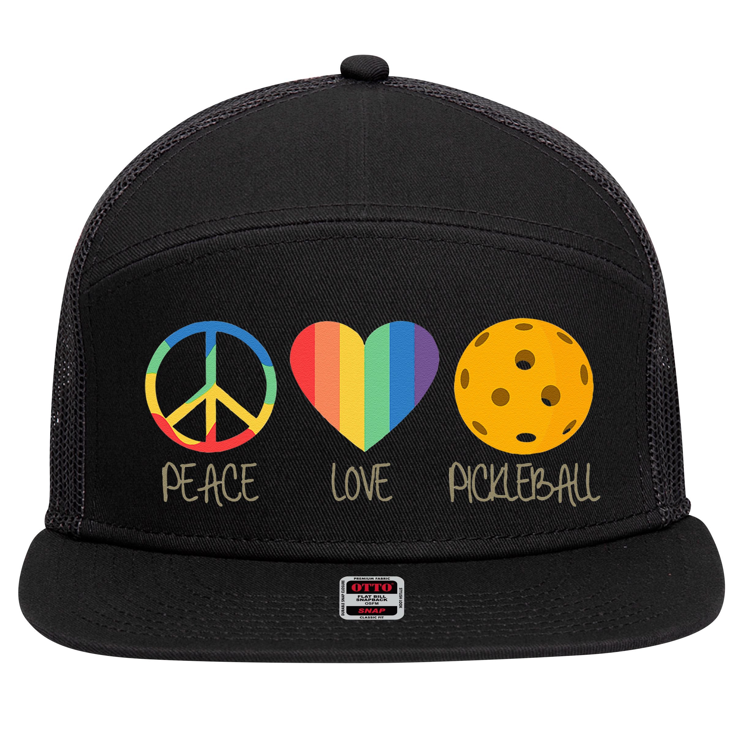 Peace Love Pickleball 7 Panel Mesh Trucker Snapback Hat