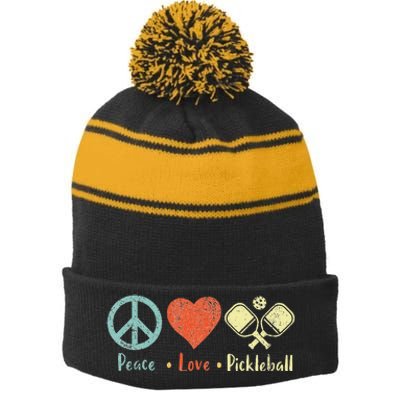 Peace Love Pickleball Funny Pickleball Player Dink Retro Stripe Pom Pom Beanie