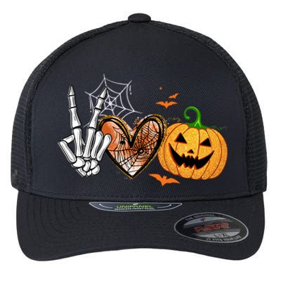 Peace Love Pumpkin Skeleton Halloween Costume Gift Flexfit Unipanel Trucker Cap