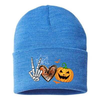 Peace Love Pumpkin Skeleton Halloween Costume Gift Sustainable Knit Beanie