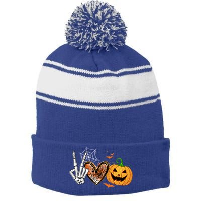 Peace Love Pumpkin Skeleton Halloween Costume Gift Stripe Pom Pom Beanie