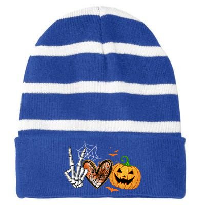 Peace Love Pumpkin Skeleton Halloween Costume Gift Striped Beanie with Solid Band