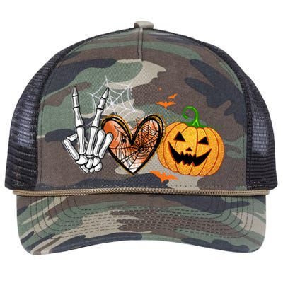 Peace Love Pumpkin Skeleton Halloween Costume Gift Retro Rope Trucker Hat Cap