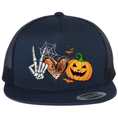 Peace Love Pumpkin Skeleton Halloween Costume Gift Flat Bill Trucker Hat