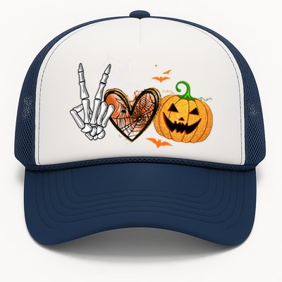 Peace Love Pumpkin Skeleton Halloween Costume Gift Trucker Hat