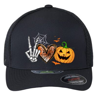 Peace Love Pumpkin Skeleton Halloween Costume Gift Flexfit Unipanel Trucker Cap