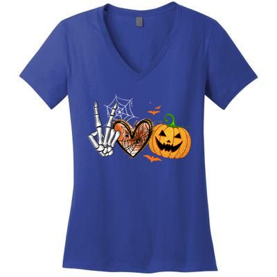 Peace Love Pumpkin Skeleton Halloween Costume Gift Women's V-Neck T-Shirt