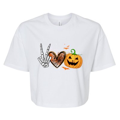 Peace Love Pumpkin Skeleton Halloween Costume Gift Bella+Canvas Jersey Crop Tee