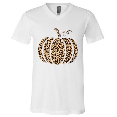 Pumpkin Leopard Print Cheetah Fall Graphic Thanksgiving V-Neck T-Shirt